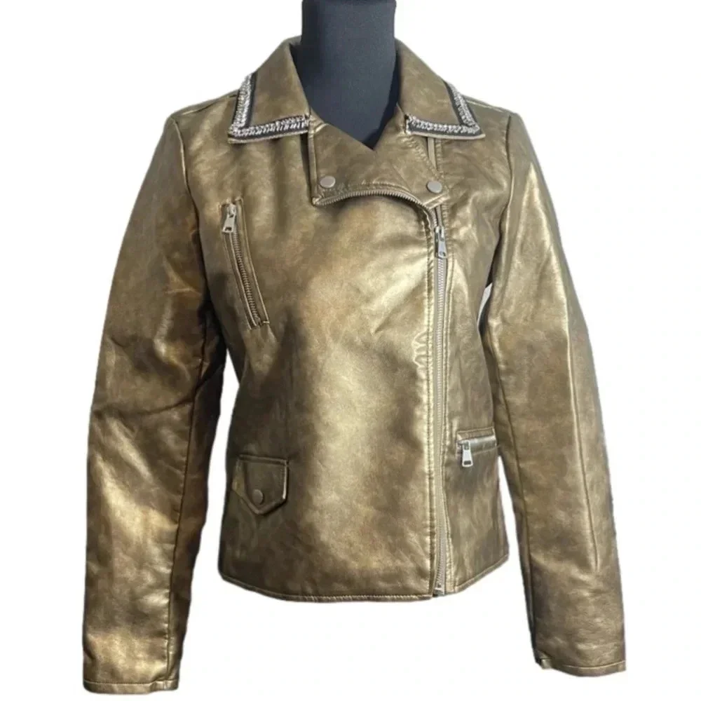 NWT BACCINI Women's Biker Leather Jacket Coat Rose Gold Metallic Size: Small